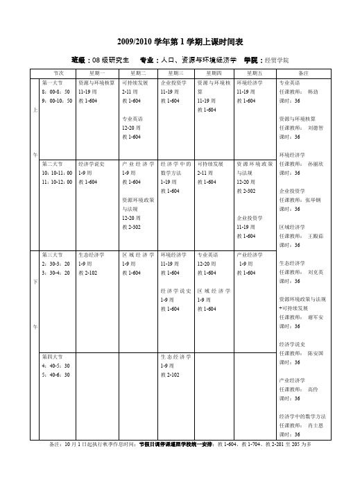 20092010学年第1学期上课时间表