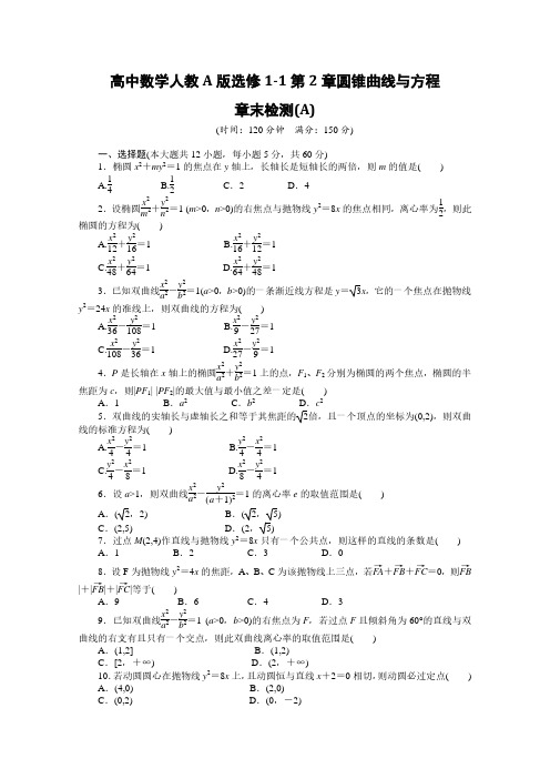 高中数学人教A版选修1-1第2章圆锥曲线与方程章末检测及答案