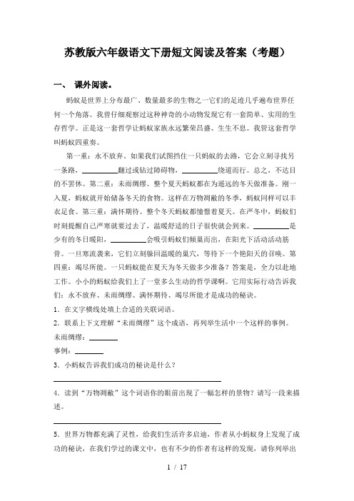 苏教版六年级语文下册短文阅读及答案(考题)