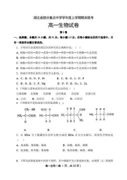 湖北省部分重点中学上学期期末高一生物试卷含答案