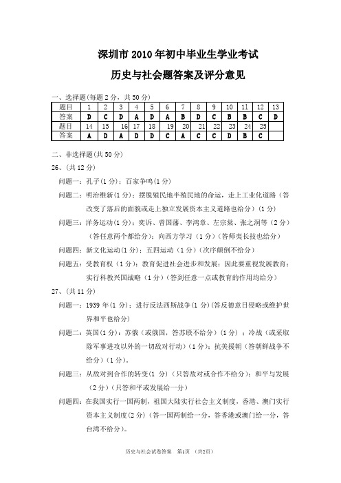 2010深圳市历史与社会中考答案