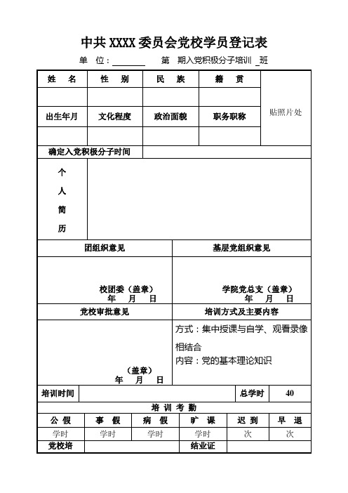 中共重庆文理学院委员会党校学员登记表