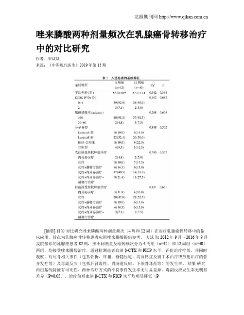唑来膦酸两种剂量频次在乳腺癌骨转移治疗中的对比研究