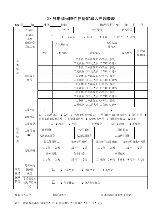 县申请保障性住房家庭入户调查表【模板】