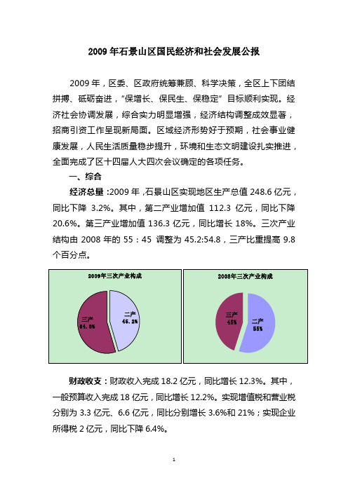 2009年石景山区国民经济和社会发展公报