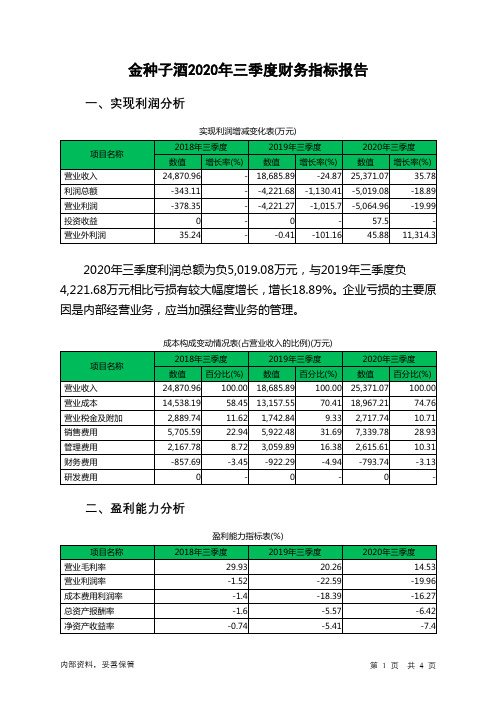 金种子酒2020年三季度财务指标报告