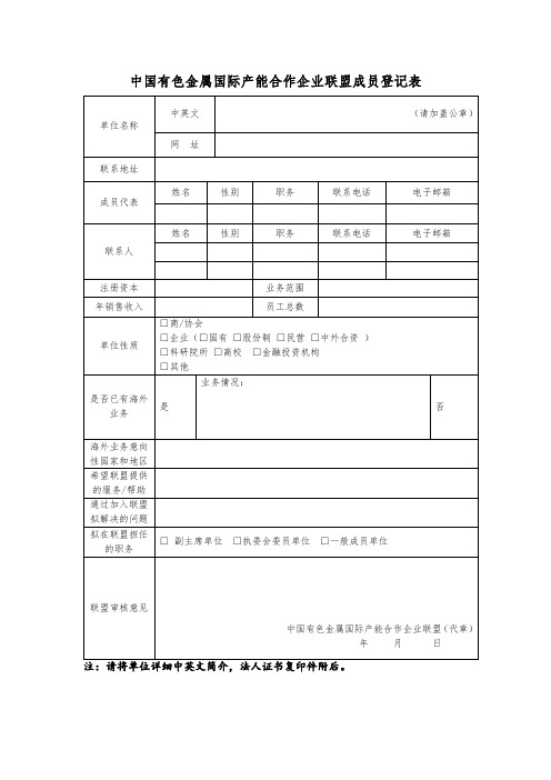 中国有色金属国际产能合作企业联盟成员登记表【模板】