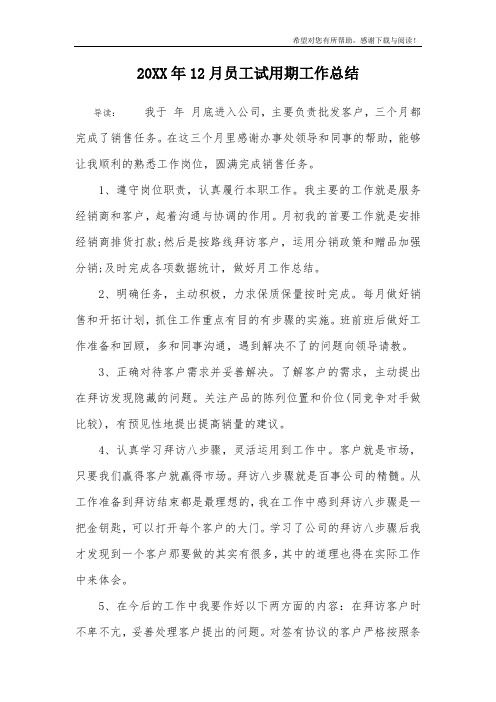 20XX年12月员工试用期工作总结