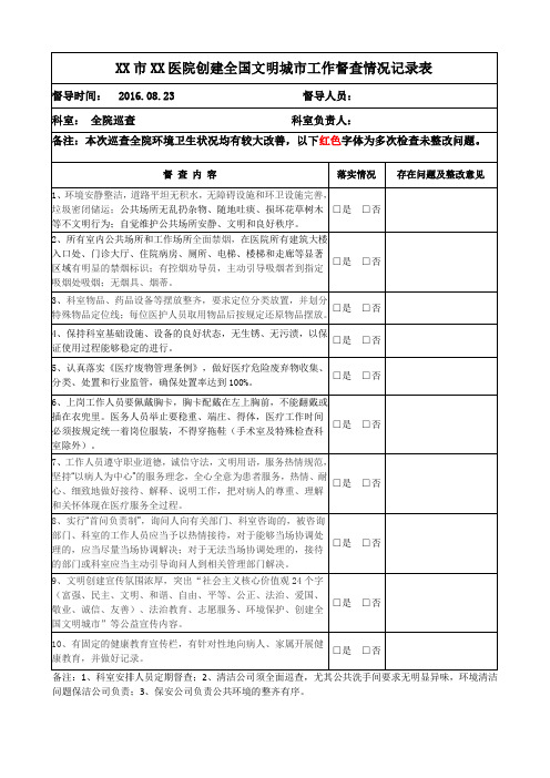 XX市XX医院创建全国文明城市工作督查情况记录表
