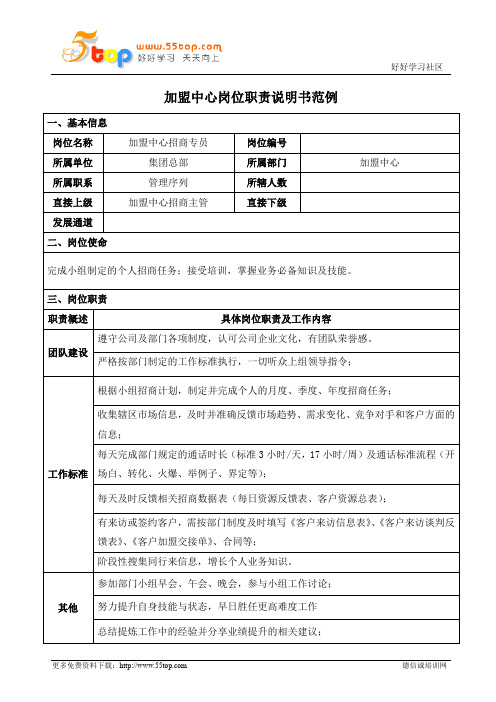 加盟中心招商专员岗位职责说明书