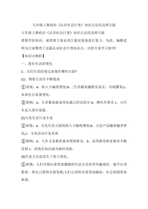 九年级上册政治《认识社会巨变》知识点总结北师大版