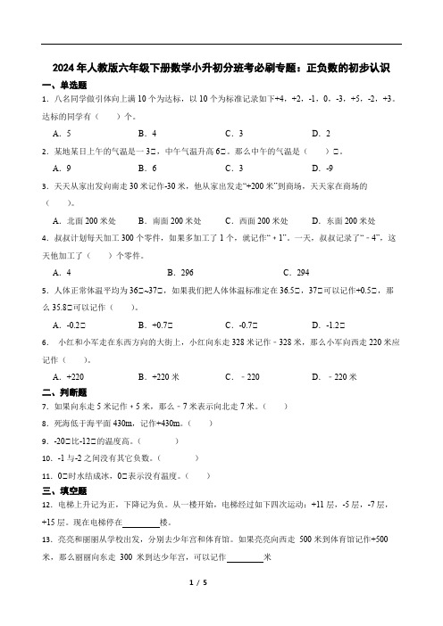 2024年人教版六年级下册数学小升初分班考必刷专题：正负数的初步认识