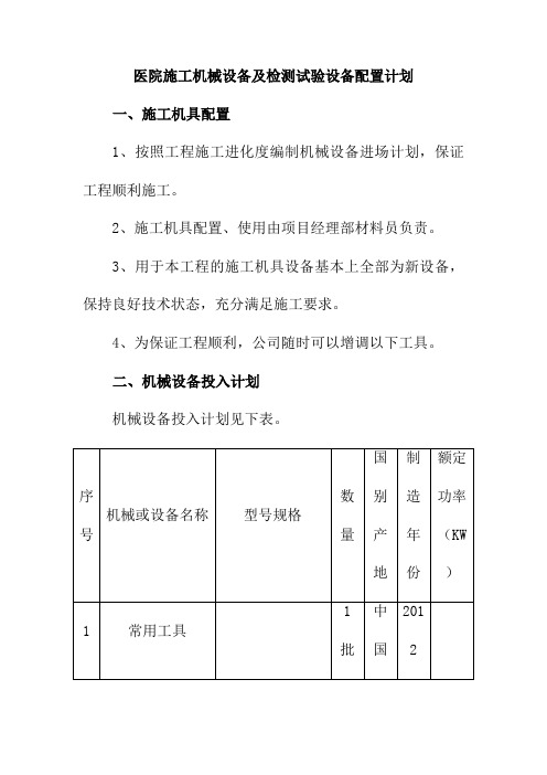 医院施工机械设备及检测试验设备配置计划