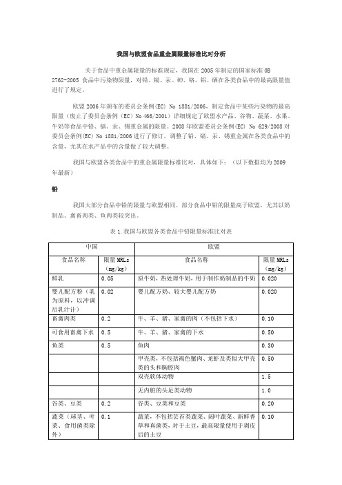 我国与欧盟食品重金属限量标准比对分析