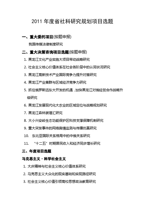2011年度省社科研究规划项目选题