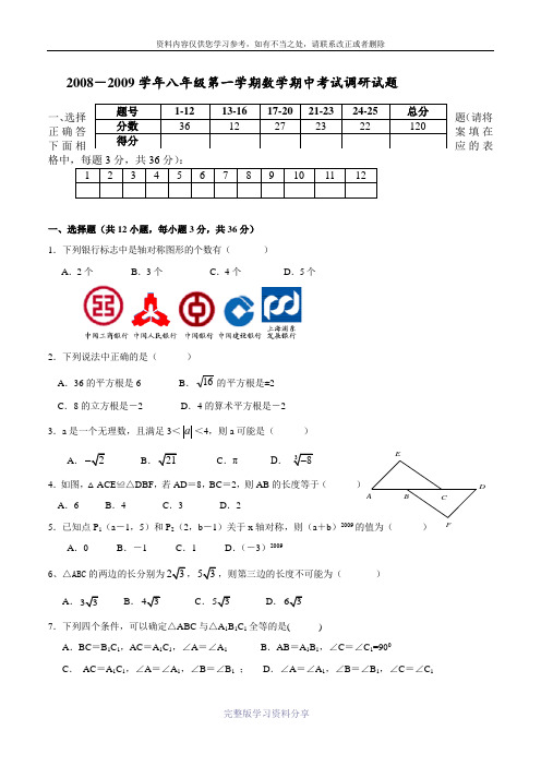 2008-2009学年八年级第一学期数学期中考试调研试题