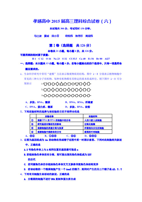 湖北省孝感高中2015届高三理综测试(六)生物试题 Word版含答案