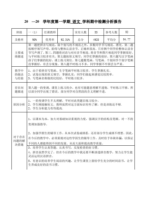 语文一年级上册期中检测质量分析