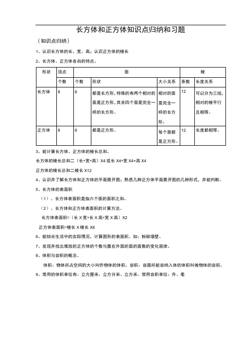 长方体和正方体知识点归纳和习题