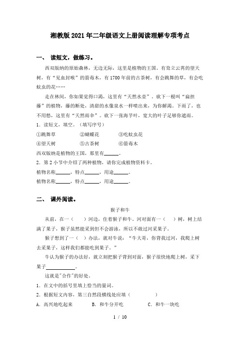 湘教版2021年二年级语文上册阅读理解专项考点