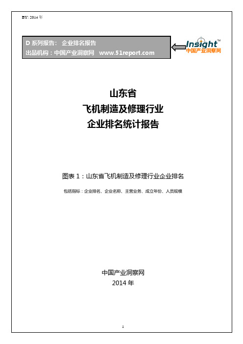 山东省飞机制造及修理行业企业排名统计报告