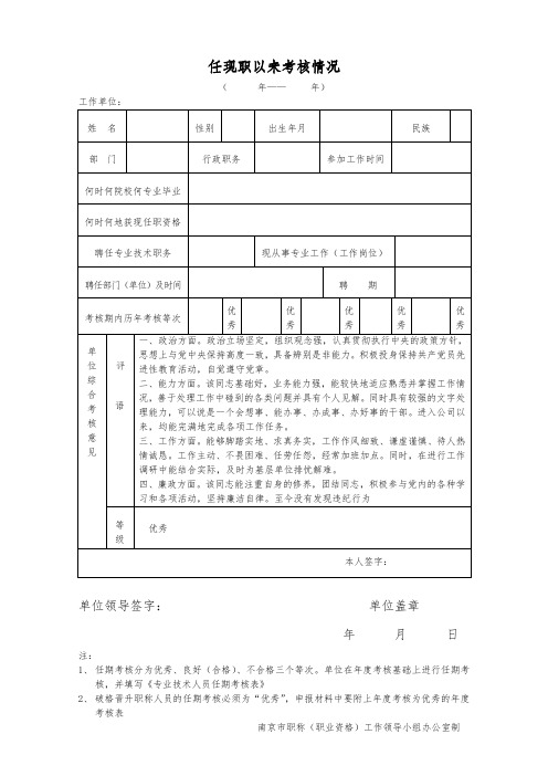 任现职以来考核情况模板(评职称用)