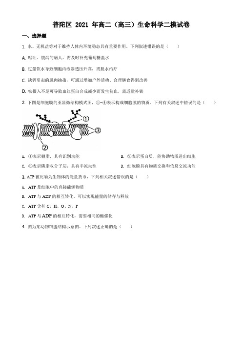 2021届上海市普陀区高中等级考生物二模试题(逐题详解版)