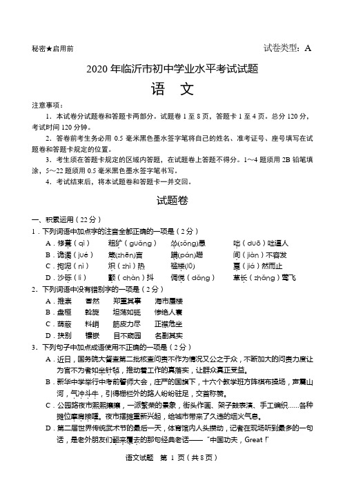 2020年临沂市初中学业水平考试试题语文