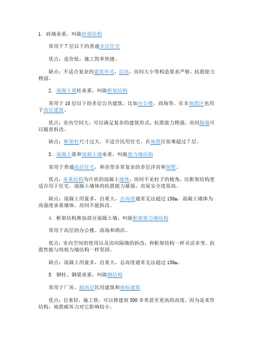 砖混结构、框架结构、剪力墙结构