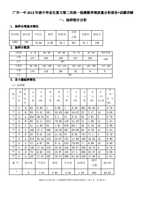 云南省2013年高中毕业生复习第二次统一检测数学理质量分析报告+试题详解