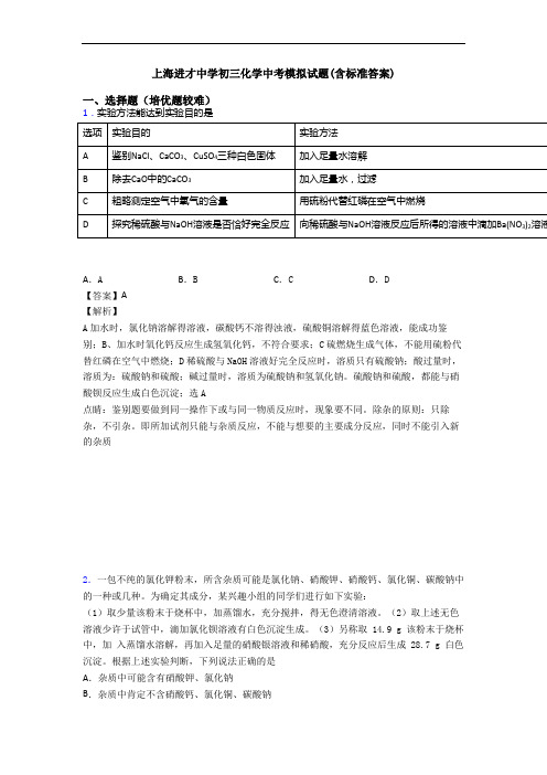 上海进才中学初三化学中考模拟试题(含标准答案)