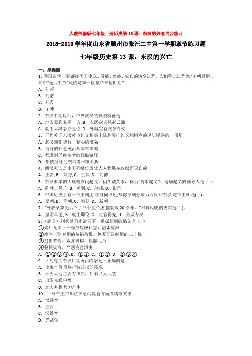 人教部编版七年级上册历史第13课：东汉的兴衰同步练习
