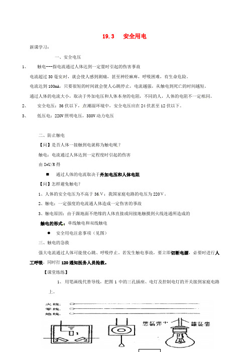 九年级物理全册 19_3 安全用电学案(无答案)(新版)新人教版
