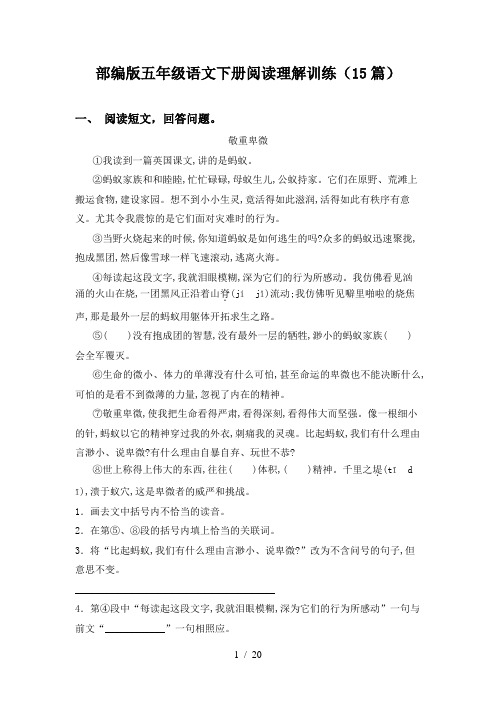 部编版五年级语文下册阅读理解训练(15篇)