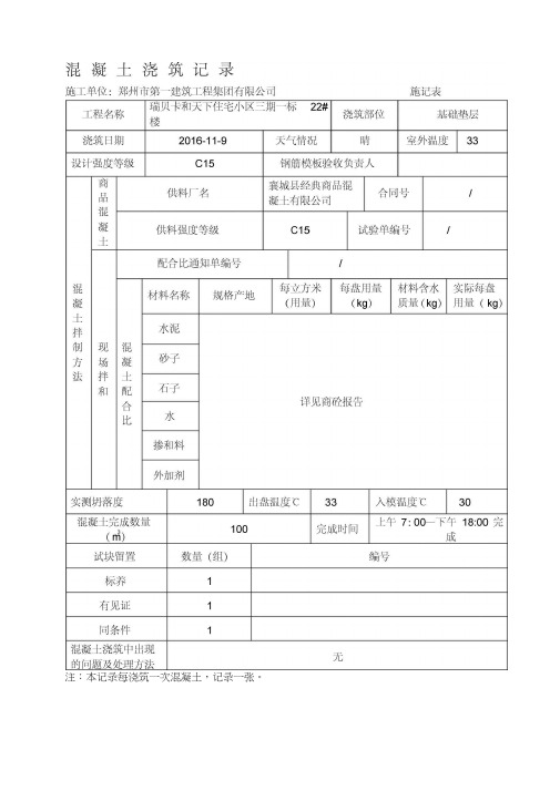 砼浇筑记录
