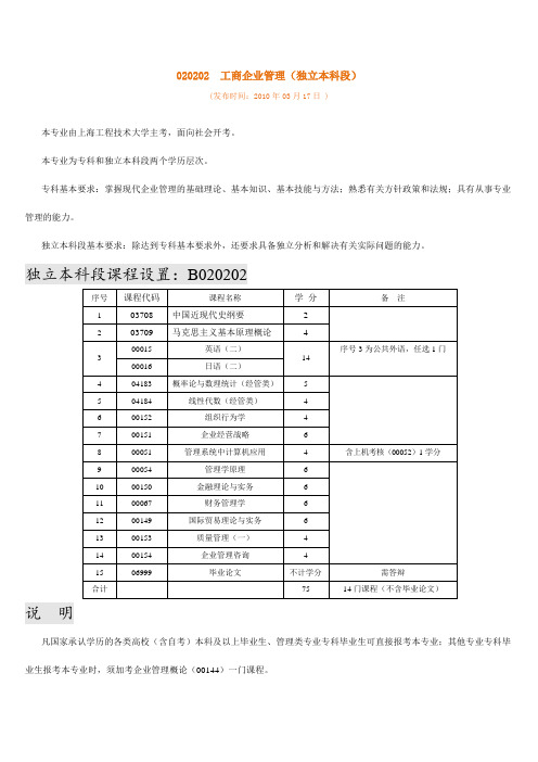 上海自考工商企业管理科目