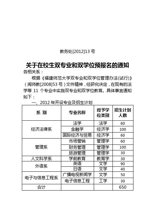 2012年关于为在校生开设双专业和双学位的通知