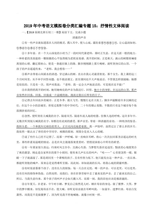 2019年中考语文模拟卷分类汇编(15)抒情性文体阅读(含答案)