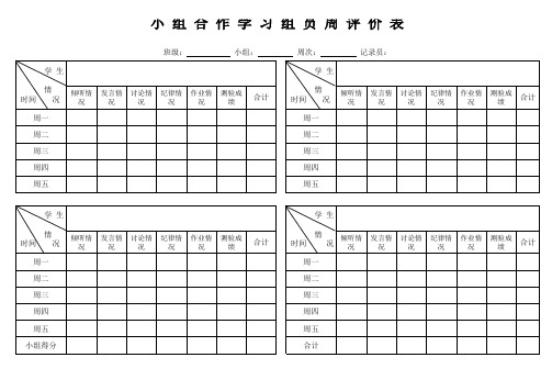 小组合作学习组员日评价表(数学)