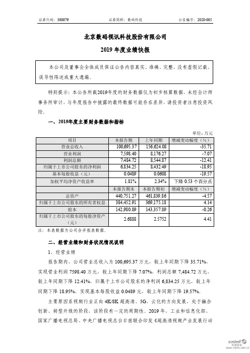 数码科技：2019年度业绩快报