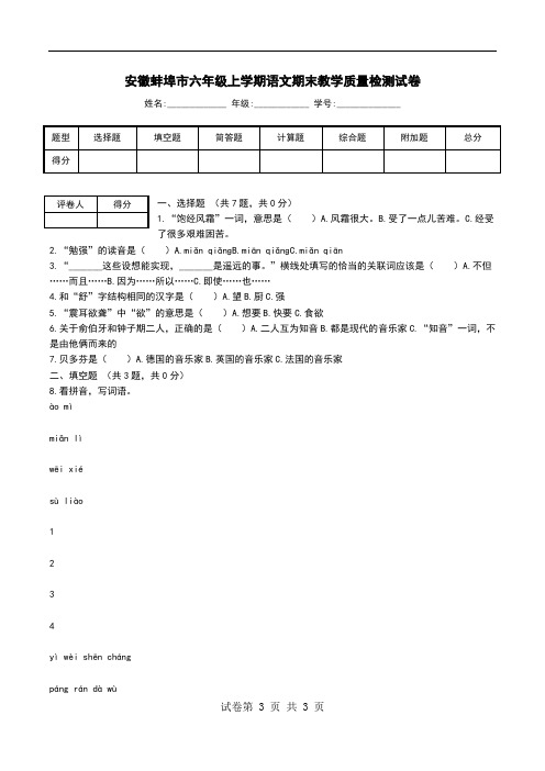 安徽蚌埠市六年级上学期语文期末教学质量检测试卷