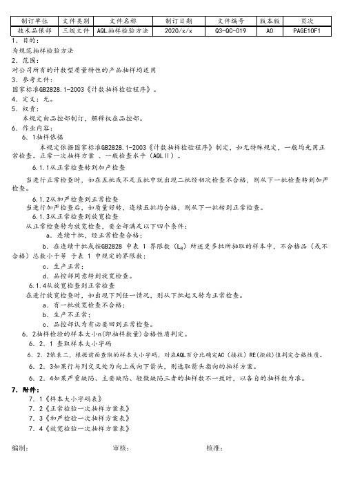 2020年 AQL抽样方法-质量管理-三级文件