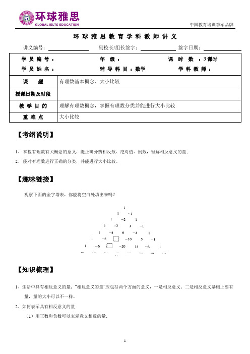 初二1-1有理数概念、大小比较知识点、经典例题及练习题带答案