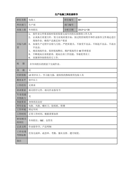 包装员工岗位说明书