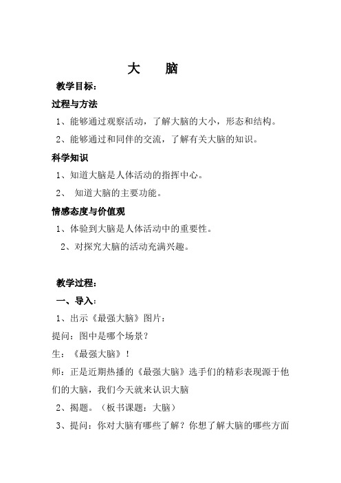 苏教版小学五年级科学下册《大脑》教案设计