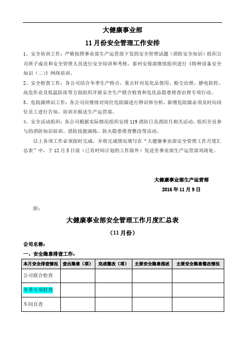 11月份安全管理工作安排