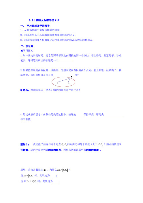 2019学年辽宁省北票市高级中学高二数学选修2-1导学案：2.2.1椭圆及标准方程(1)(新人教A版)