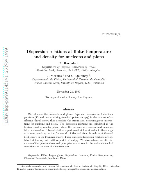Dispersion relations at finite temperature and density for nucleons and pions