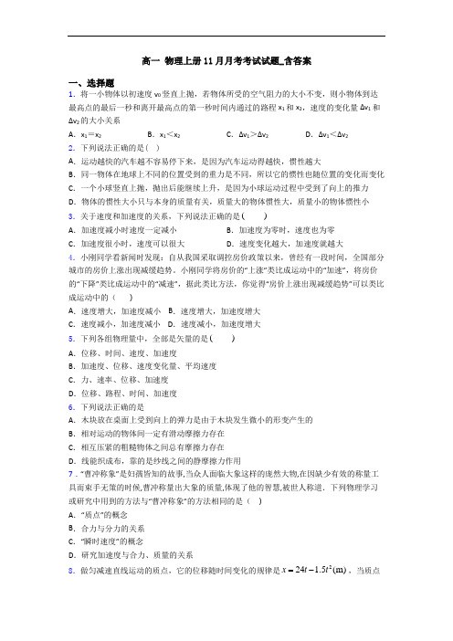 高一 物理上册11月月考考试试题_含答案