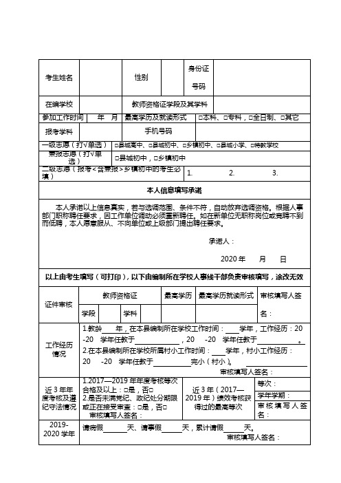 XX县2020年公开选调县内教师报名表【模板】
